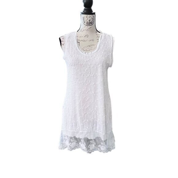 Le Moda Tops - Le Moda White Sleeveless Tunic Sequined Lace Floral Hem Preppy Cottage Coastal L